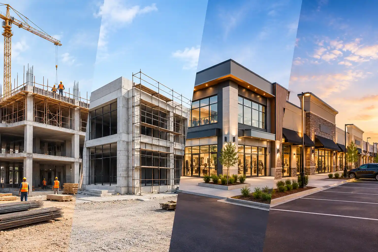 Modern commercial retail plaza and glass storefronts at twilight