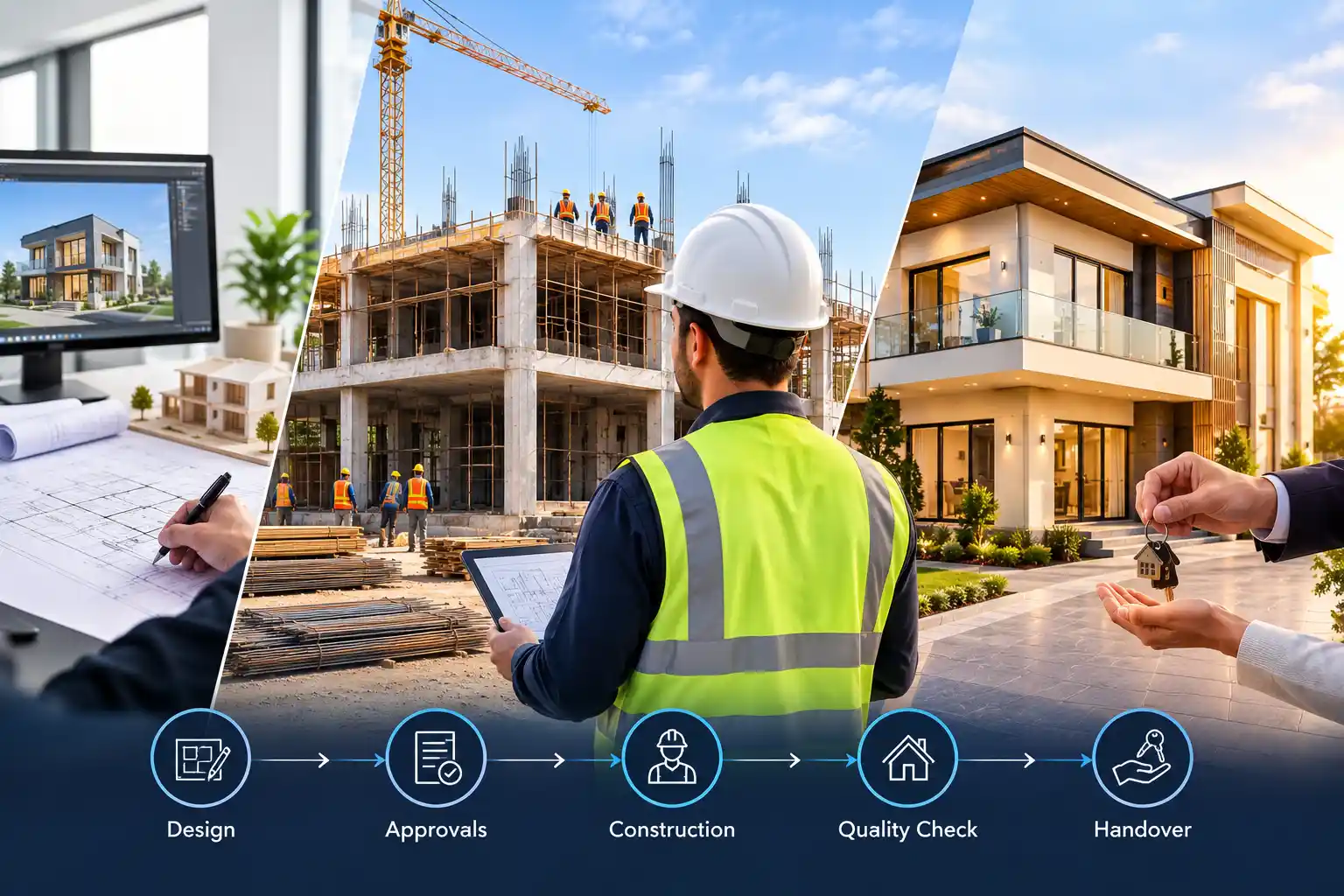 White safety hard hat on architectural blueprint drawings with measuring tape
